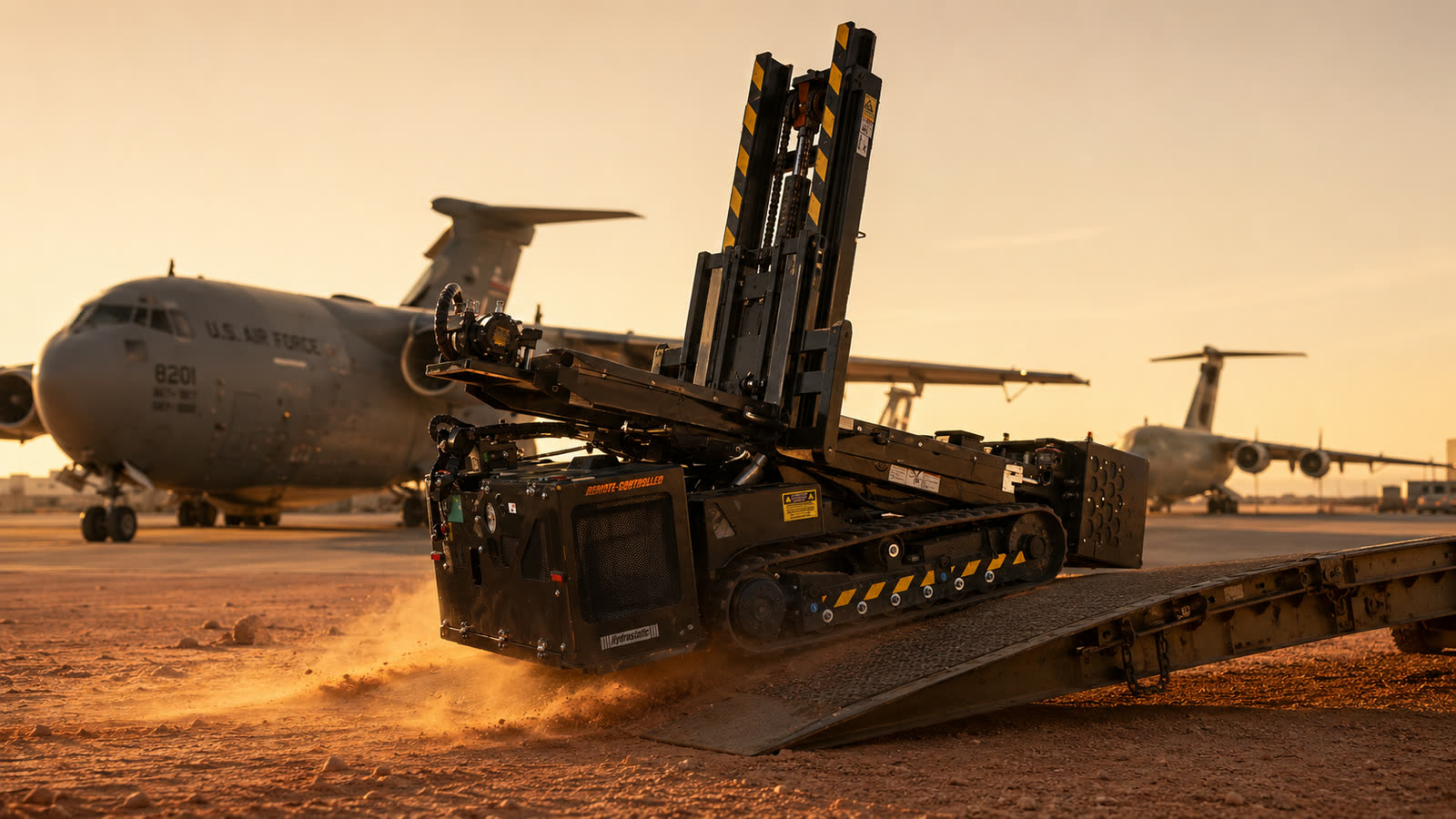 MPEP driving down a loading ramp on a desert airfield at sunset, with US Air Force transport aircraft behind it.