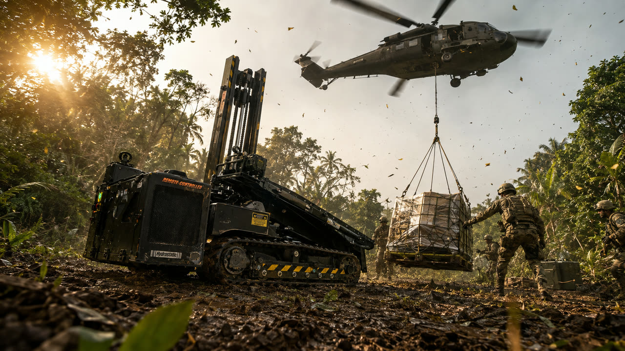 MPEP receiving a sling-loaded pallet from a helicopter at a jungle landing zone.
